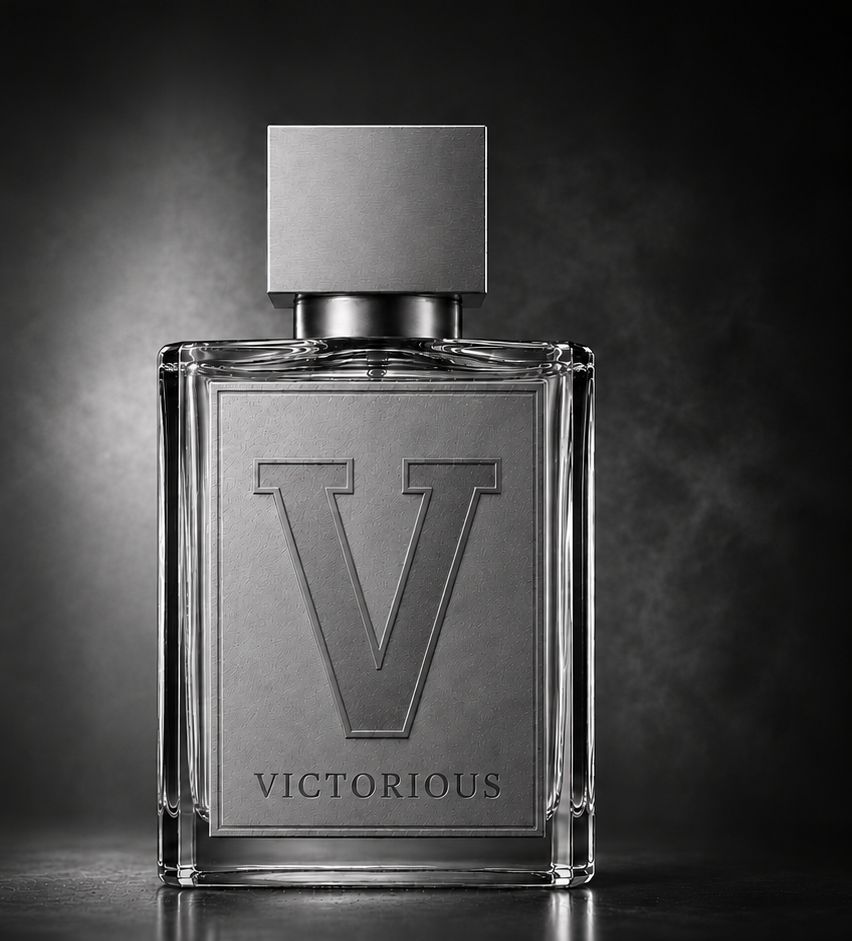 Victorious eau de parfum — square glass bottle with embossed silver V label